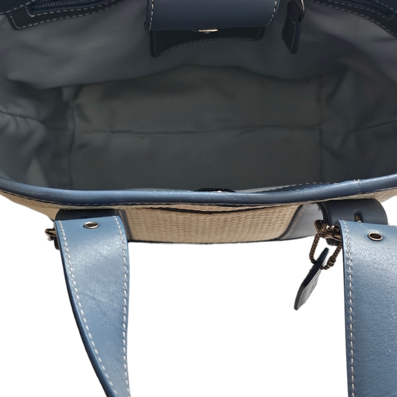 COACH Hampton Small Handbag Blue Leather & Cream Straw - Picture 6 of 9